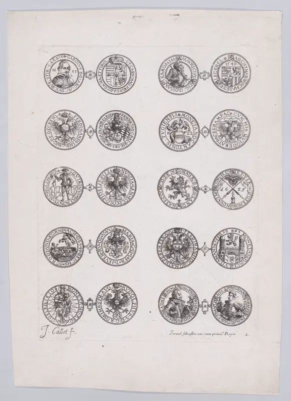 2nd Plate, Featuring 10 Coins Issued by European Princes in the 16th and 17th centuries, from Les Monnaies (The Currencies) Wall Art by Jacques Callot - High-Resolution Digital Print
