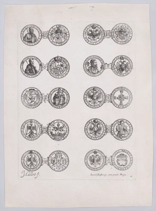 6th Plate, Featuring 10 Coins Issued by European Princes in the 16th and 17th centuries, from Les Monnaies (The Currencies) Wall Art by Jacques Callot - High-Resolution Digital Print