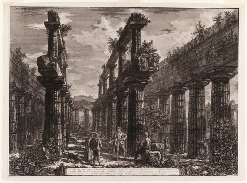 A., B. View of the remains of the two rows of columns in the Temple of Neptune which originally formed the colonnades along the sides of the cella, and supported the uppermost part of the roof, from Different views of Paestum