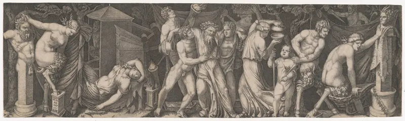 A Bacchanal; Silenus supported by two bacchants in the center, at left a female satyr reclining on a bed and another holding onto the horns on a statue of Priapus while she tries to impale herself on his phallus, with various other figures