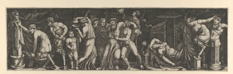 A Bacchanal, Silenus supported by two bacchants in the centre, at right a female satyr reclining on a bed and another pulling the horns on a statue of Priapus, various other figures fill the composition