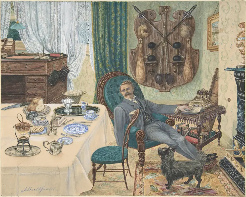 A Bachelor in His Study (The Sportsman's Breakfast) Wall Art by J. Buttfield - High-Resolution Digital Print