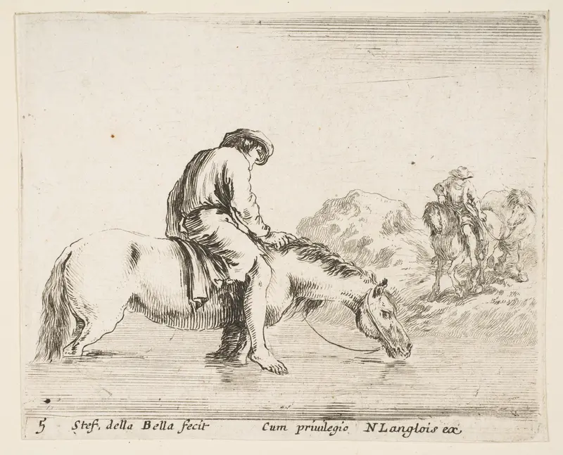 A barefoot peasant on horseback crossing a river, another peasant on horseback and leading a horse on a bank to right in the background, plate 5 from "Diversi capricci" Wall Art by Stefano della Bella - High-Resolution Digital Print