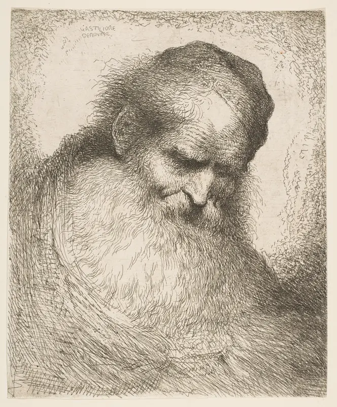 A bearded man wearing a cap looking down to the right, from "Heads in Oriental Headdress" Wall Art by Giovanni Benedetto Castiglione (Il Grechetto) - High-Resolution Digital Print