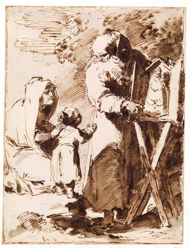 A Bearded Monk Showing a Portable Altar to a Praying Child, with an Old Woman Kneeling Wall Art by Pietro Antonio Novelli - High-Resolution Digital Print