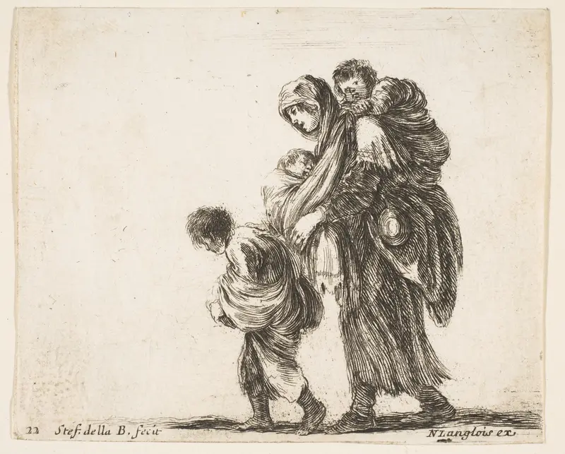 A beggar woman with three children, one child on her shoulders, one child in her arms, and one child who walks in front of her to left, plate 22 from "Diversi capricci" Wall Art by Stefano della Bella - High-Resolution Digital Print