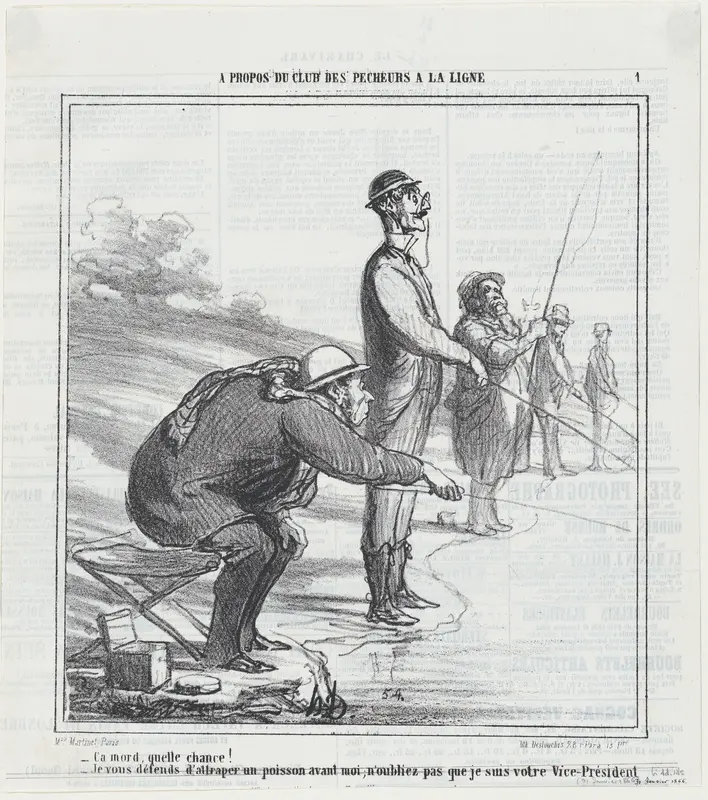 –A bite, what luck! –I forbid you to catch a fish before I do, don't forget, I am your Vice-President!, from 'The fishing club,' published in Le Charivari, January 31, 1866 Wall Art by Honoré Daumier - High-Resolution Digital Print