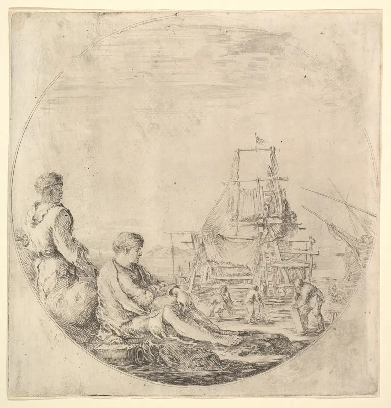 A Black sailor standing to left, in profile to the right, a White sailor seated in center with legs outstretched, a ship being repaired to right in the background Wall Art by Stefano della Bella - High-Resolution Digital Print