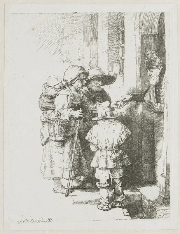A blind hurdy-gurdy player and family receiving alms Wall Art by Unknown - High-Resolution Digital Print