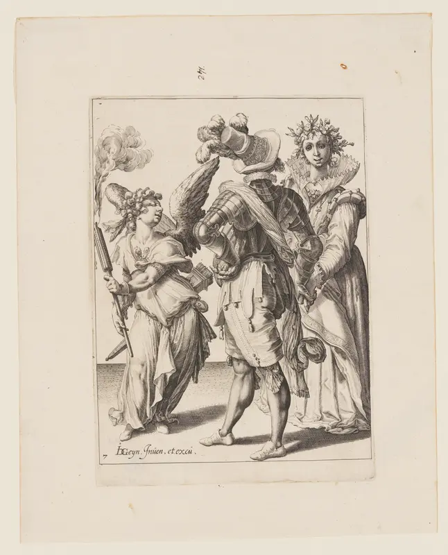 A Blindfold Cupid Holding a Torch before a Couple, from The Masquerades Wall Art by Jacob de Gheyn, II - High-Resolution Digital Print