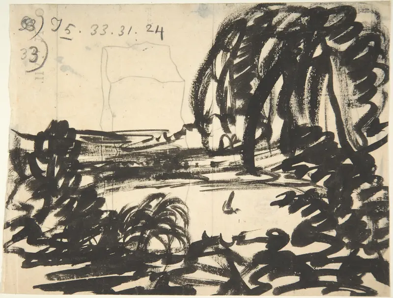 A blot-lake with boat, surrounded by trees Wall Art by Alexander Cozens - High-Resolution Digital Print