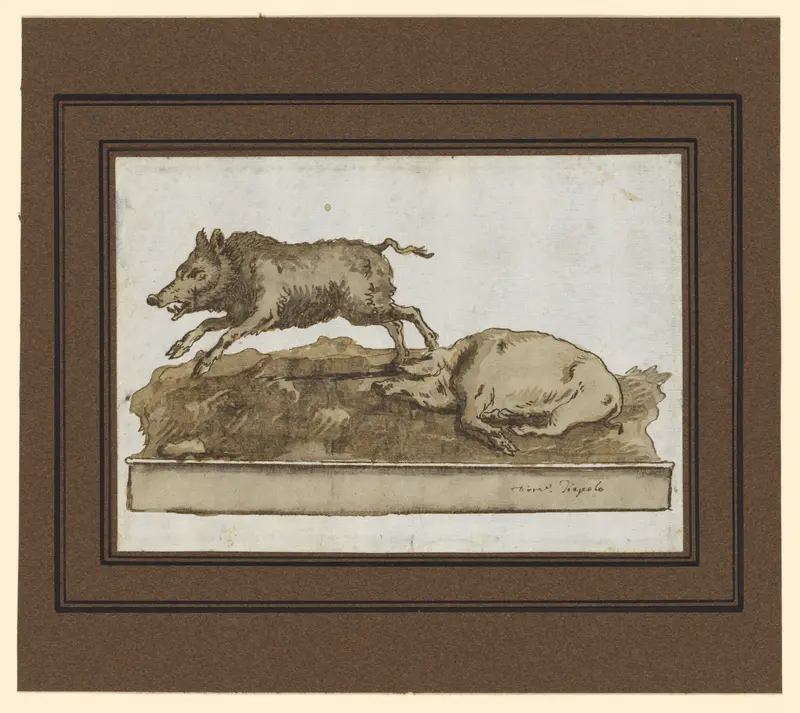 A Boar, Galloping to the Left, and a Sleeping Sow (on the Base) Wall Art by Giovanni Domenico Tiepolo - High-Resolution Digital Print
