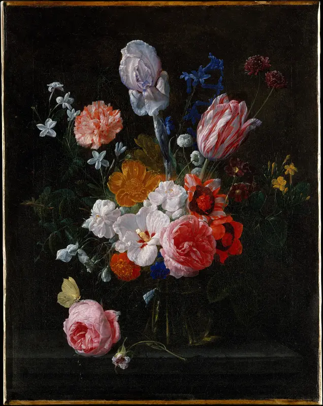 A Bouquet of Flowers in a Crystal Vase Wall Art by Nicolaes van Veerendael - High-Resolution Digital Print