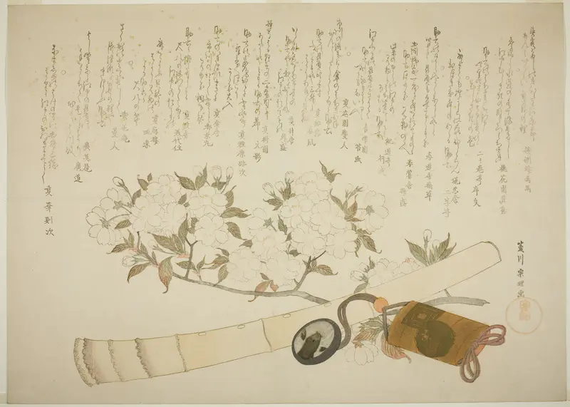 A Branch of White Peach Blossom, an Inro case, and a Hotchiku Flute