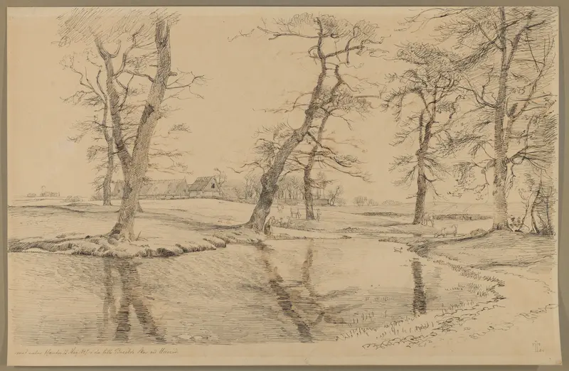 A Brook near a Farm in Usserød with Cows and Two Figures Wall Art by Johan Thomas Lundbye - High-Resolution Digital Print
