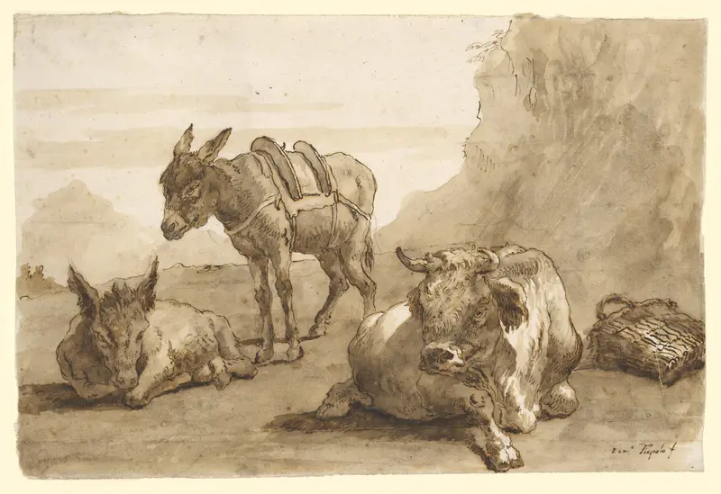 A Bull Lying Down, and Two Donkeys, in a Landscape Wall Art by Giovanni Domenico Tiepolo - High-Resolution Digital Print