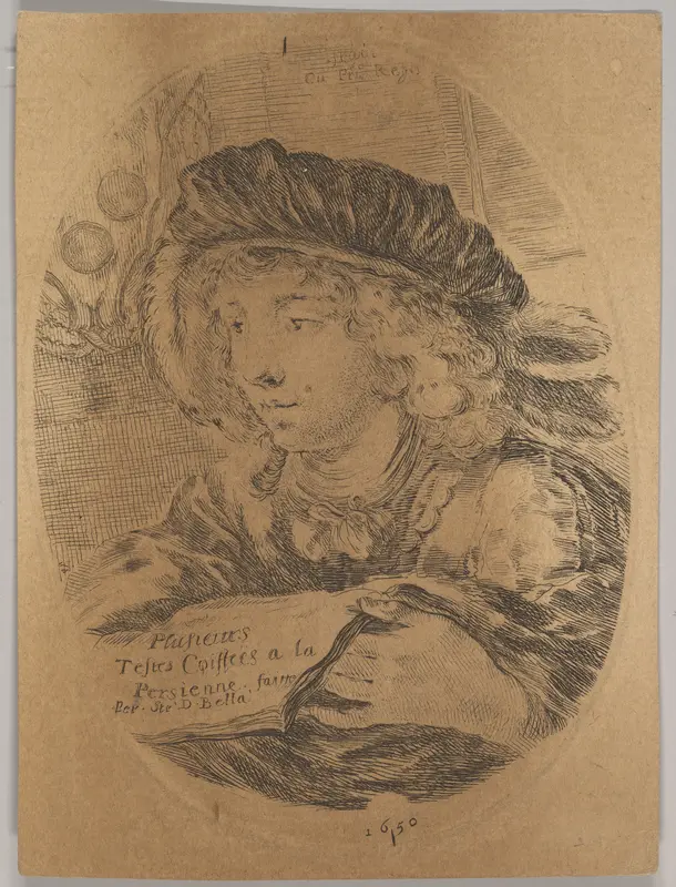 A bust of a young man wearing a cap with feathers, turned three-quarters to the left, the coat of arms of the Grand Duke of Tuscany in top left, title page from "Several heads in the Persian style" (Plusieurs têtes coiffées à la persienne) Wall Art by Stefano della Bella - High-Resolution Digital Print