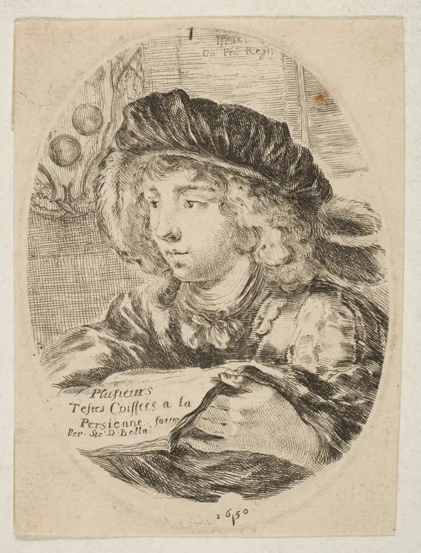 A bust of a young man wearing a cap with feathers, turned three-quarters to the left, the coat of arms of the Grand Duke of Tuscany in top left, title page from 'Several heads in the Persian style' (Plusieurs têtes coiffées à la persienne) Wall Art by Stefano della Bella - High-Resolution Digital Print