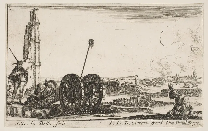 A cannon to the left, a town in the background, plate 2 from "Various Military Caprices" (Varii capricci militari) Wall Art by Stefano della Bella - High-Resolution Digital Print