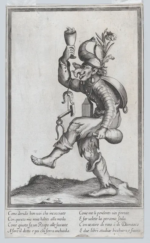 A caricature figure (ironmonger?) with a toad on his nose, carrying various implements walking to the left Wall Art by Anonymous, Italian, 17th century - High-Resolution Digital Print
