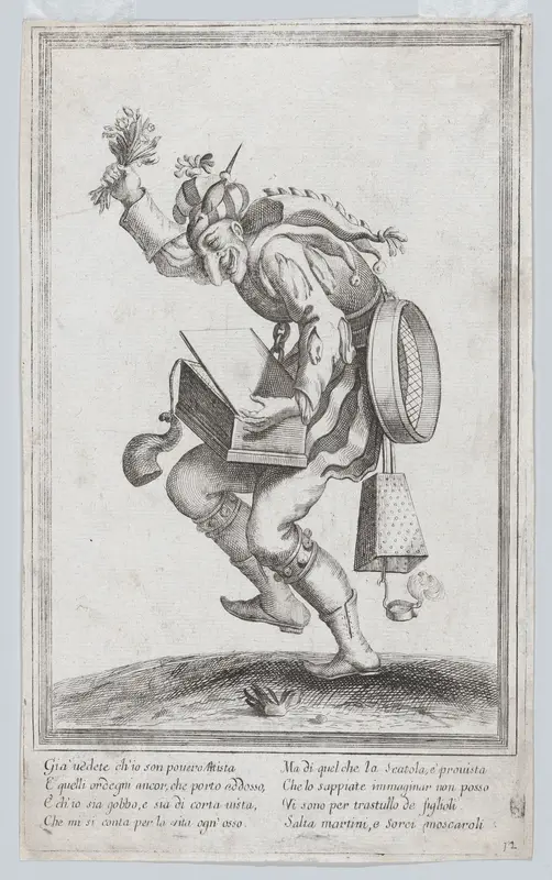 A caricature figure representing a poor itinerant artist loaded with various implements relating to his trade Wall Art by Anonymous, Italian, 17th century - High-Resolution Digital Print