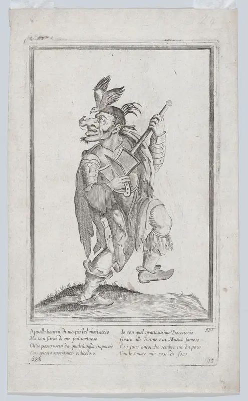 A caricature figure representing a street musician(?) with a mouse (lizard?) on his nose and a bird on his head Wall Art by Anonymous, Italian, 17th century - High-Resolution Digital Print