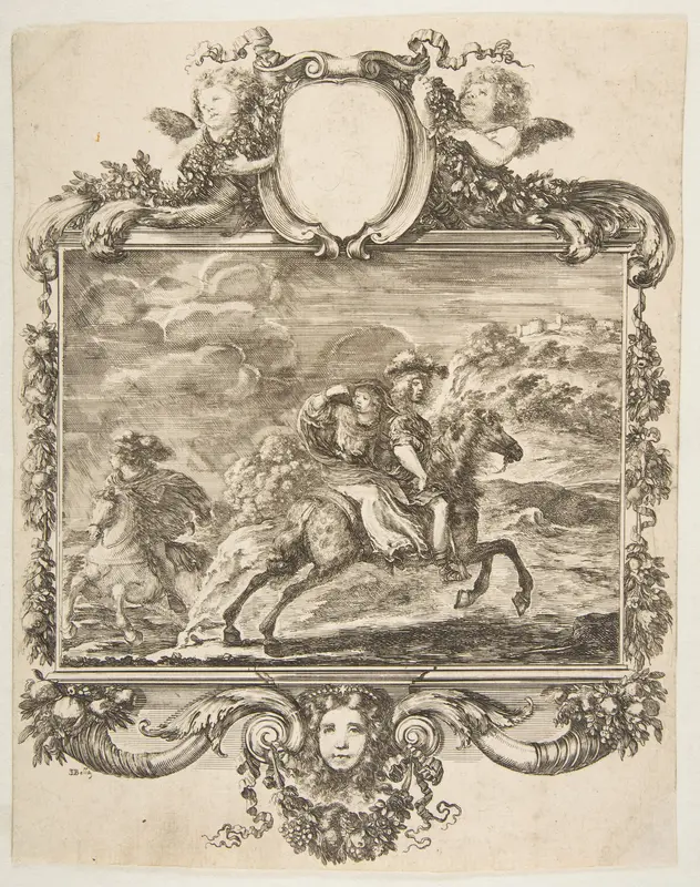 A cavalier and a lady on horseback, within an ornate border decorated with fruit and cornucopias Wall Art by Stefano della Bella - High-Resolution Digital Print
