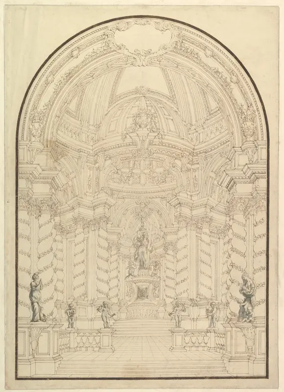 A Chapel with Figures of Statues en Grisaille of Faith, Hope and Charity and four Putti with Symbols of the Passion Wall Art by Giuseppe Galli Bibiena - High-Resolution Digital Print