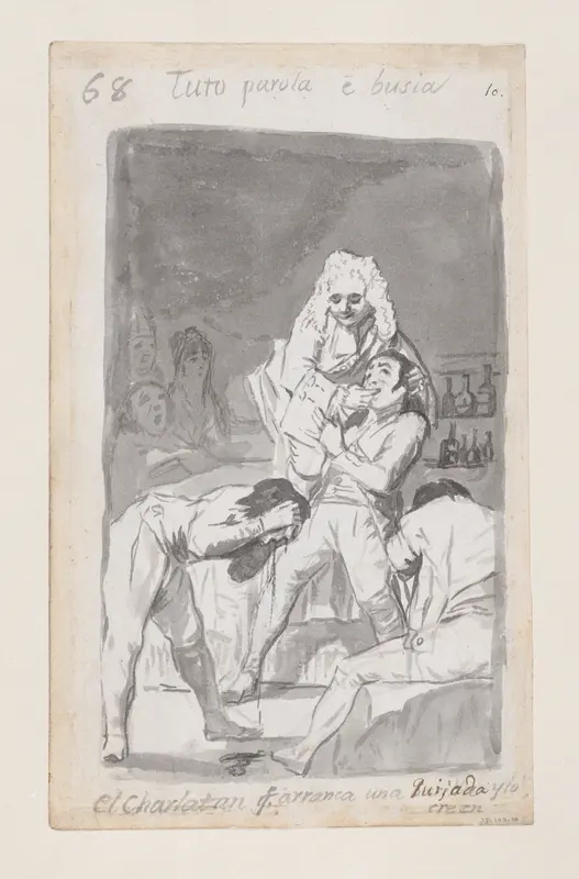 A charlatan extracting a tooth from a patient's mouth, figure in the foreground vomiting; folio 68 (verso) from the Madrid Album "B"
