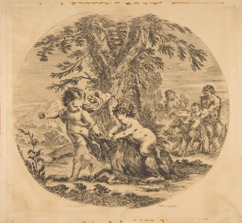 A child and a satyr child playing with a goat Wall Art by Stefano della Bella - High-Resolution Digital Print