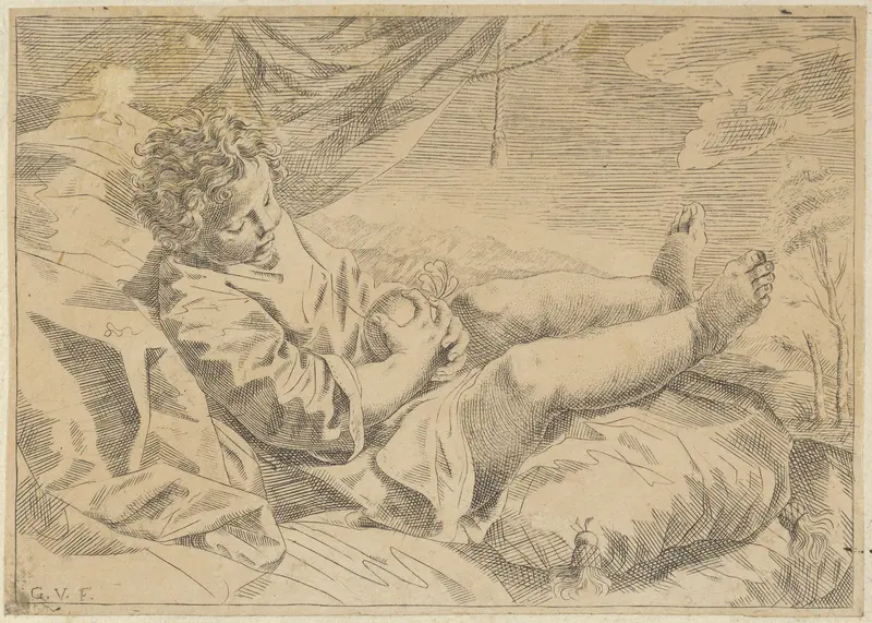 A child sleeping on a cushion, holding a piece of fruit (?), a curtain behind him, after Reni (?) Wall Art by Anonymous, 17th century - High-Resolution Digital Print
