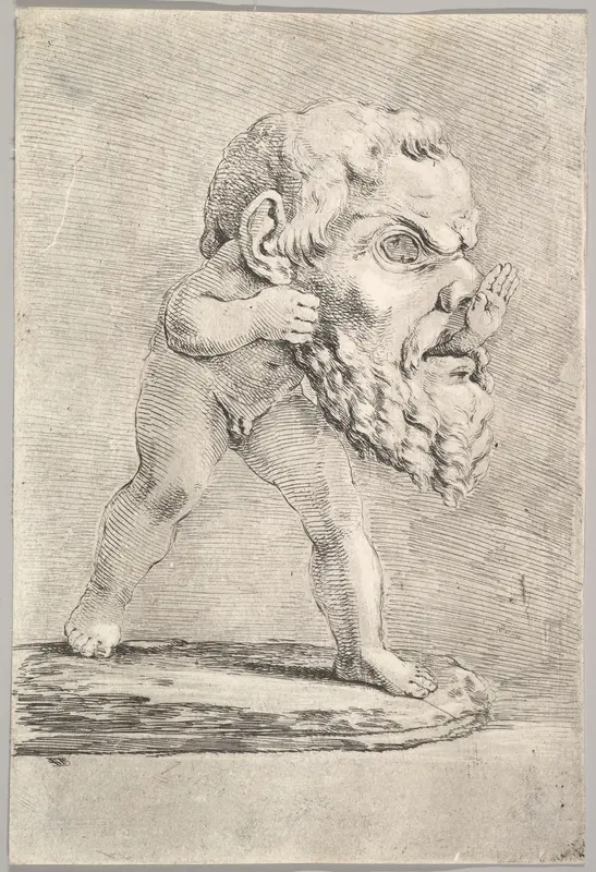 A child wearing a large mask and inserting his hand through the mouth Wall Art by Stefano della Bella - High-Resolution Digital Print