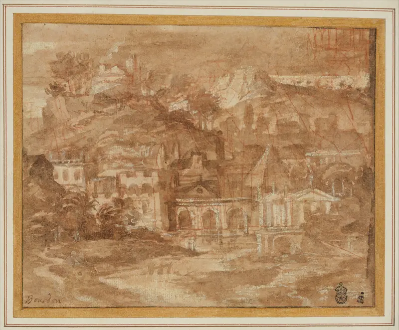 A Classical Landscape with Buildings by a River Wall Art by Sébastien Bourdon - High-Resolution Digital Print