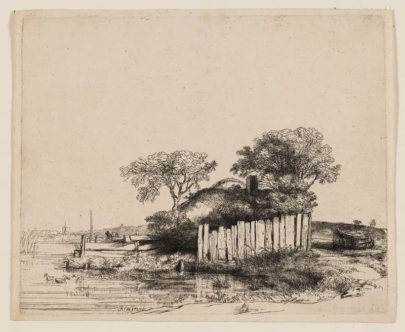 A Cottage with White Paling Wall Art by Rembrandt van Rijn - High-Resolution Digital Print