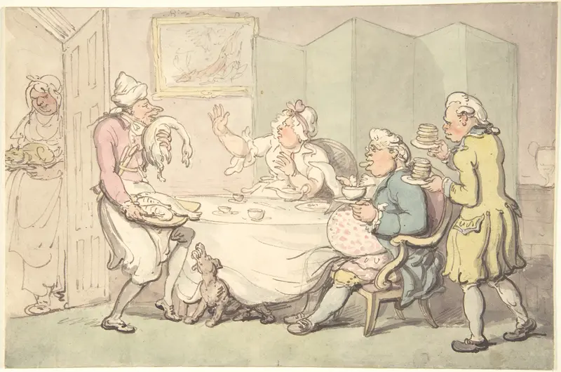 A Couple at Table with Servants Wall Art by Thomas Rowlandson - High-Resolution Digital Print