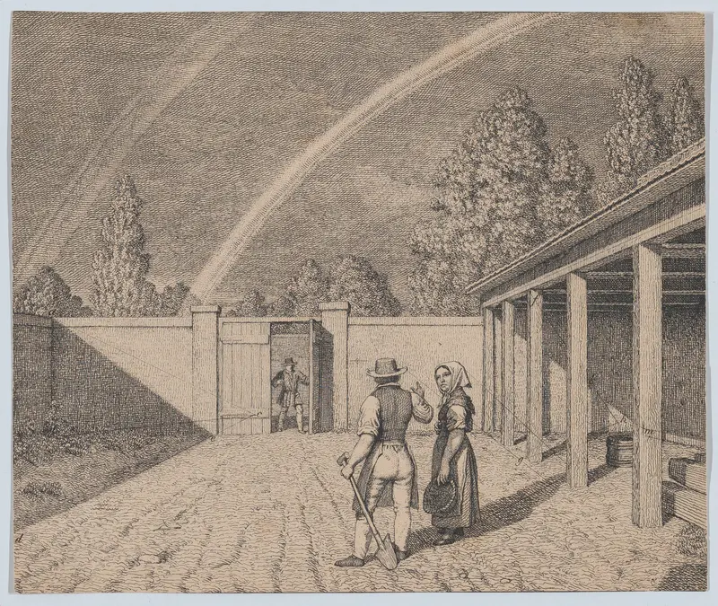 A couple conversing in a stable yard, with a double rainbow overhead, from 'Linear Perspective, Applied to the Art of Painting' Wall Art by Christoffer Wilhelm Eckersberg - High-Resolution Digital Print
