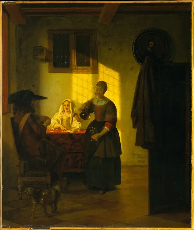 A Couple Playing Cards, with a Serving Woman Wall Art by Pieter de Hooch - High-Resolution Digital Print