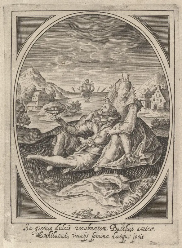 A couple seated on the ground, the man holding a goblet and reclining against the woman's leg, a ship at sea and landscape beyond Wall Art by Heinrich Ulrich - High-Resolution Digital Print