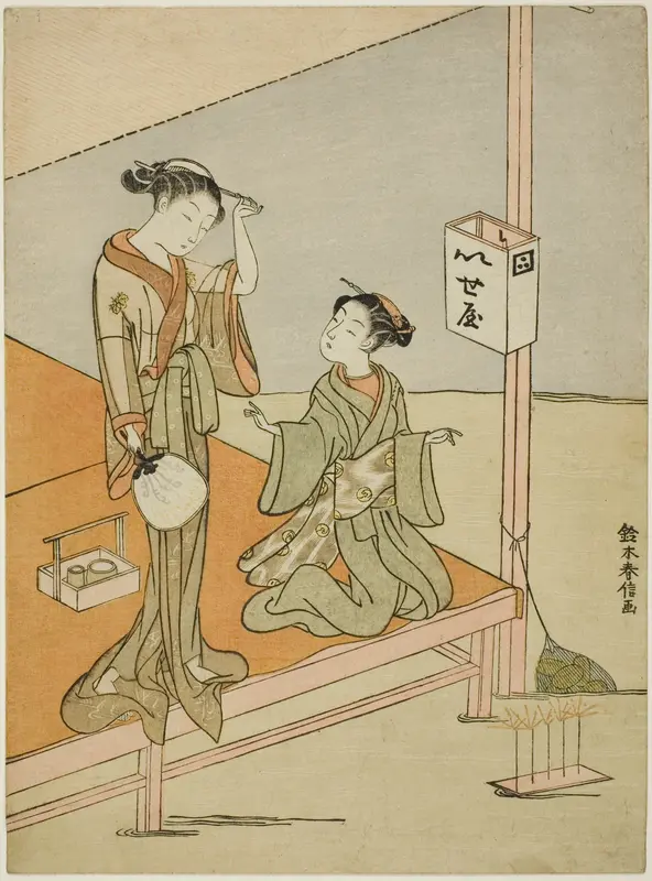 A Courtesan and Her Attendant at the Riverside Teahouse Iseya Wall Art by Suzuki Harunobu - High-Resolution Digital Print