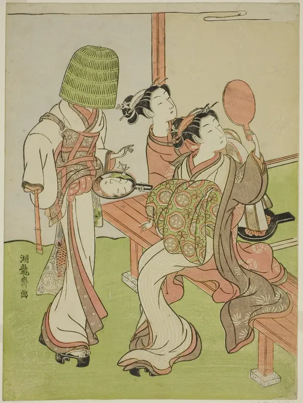 A Courtesan and Her Attendant Using Mirrors to Identify a Mendicant Monk Wall Art by Isoda Koryusai - High-Resolution Digital Print