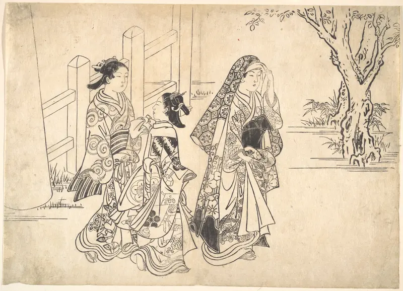 A Courtesan Followed by Two Girl Attendants Wall Art by Nishikawa Sukenobu - High-Resolution Digital Print