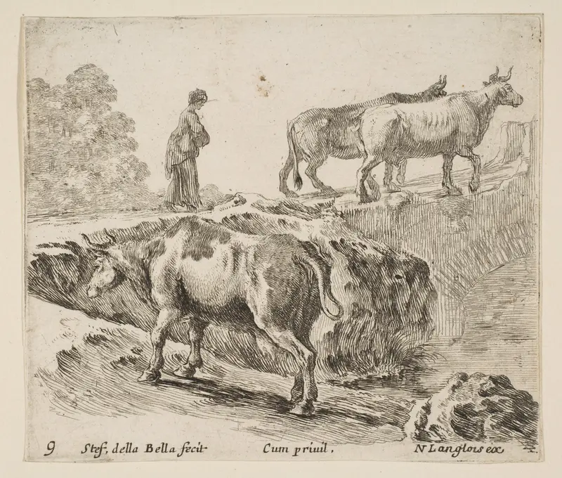 A cow ascending a bank, a peasant woman leading two cows across a bridge in background, plate 9 from "Diversi capricci" Wall Art by Stefano della Bella - High-Resolution Digital Print
