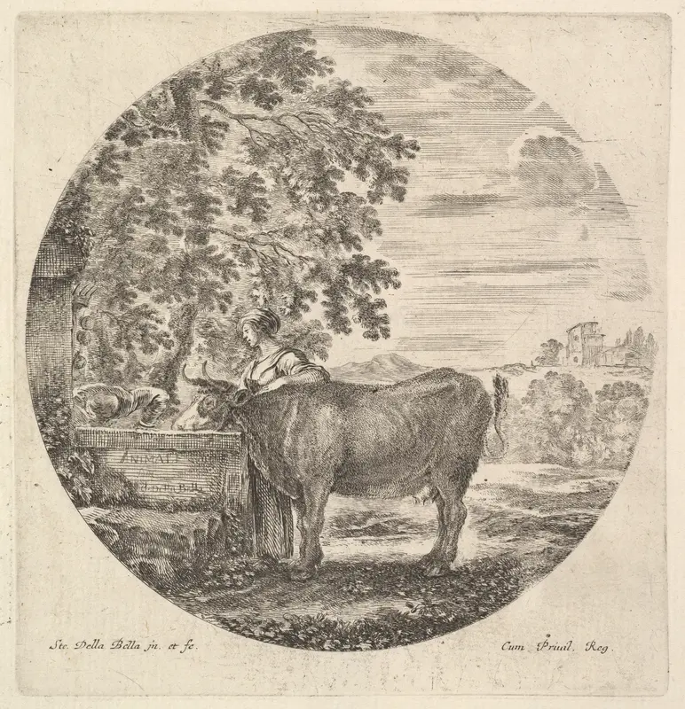 A cow in center drinking from a fountain adorned with the Medici coat of arms at left, accompanied by a shepherd standing behind, from "Six Animal Subjects" (Six Sujets d'Animaux) Wall Art by Stefano della Bella - High-Resolution Digital Print