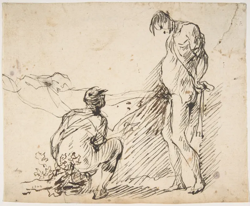 A Crouching Man Defecating and a Standing Man Urinating Wall Art by Micco Spadaro (Domenico Gargiulo) - High-Resolution Digital Print