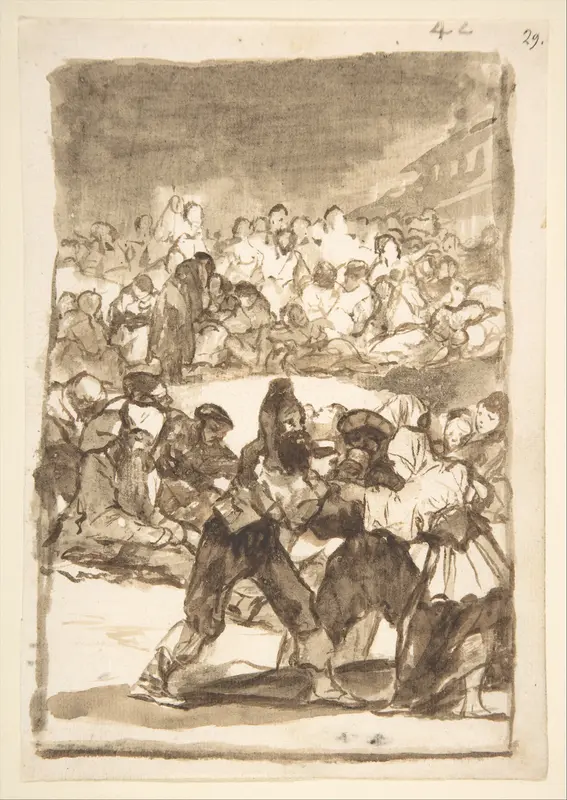 A crowd forming a circle; page 42 from the "Images of Spain" album (F)