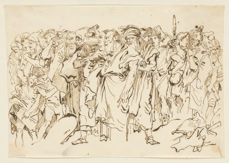 A Crowd of Ancient Warriors, Orientals, and Two Boys, Gathering for a Sacrifice Wall Art by Giovanni Domenico Tiepolo - High-Resolution Digital Print