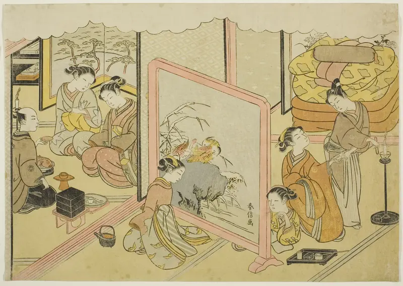 A Cup of Sake before Bed (Toko sakazuki), the sixth sheet of the series "Marriage in Brocade Prints, the Carriage of the Virtuous Woman (Konrei nishiki misao-guruma)"