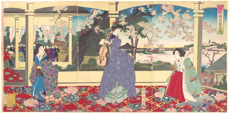 A  Dance Party: Enjoying Cherry Blossom Viewing at Ueno  (Tōbukai Ueno ōka yūran no zu)
