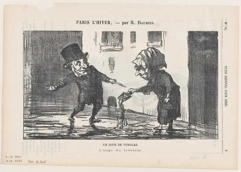 A day of black ice, the angel of the sidewalk, from "Paris in Winter" Wall Art by Honoré Daumier - High-Resolution Digital Print