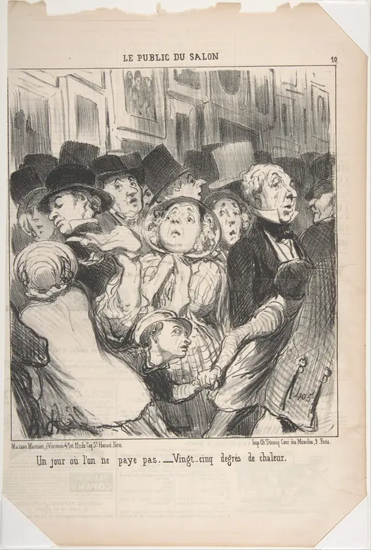 A Day When You Do Not Pay–Twenty-Five-Degree Heat (Un jour ou l'on ne paye pas. Vingt-cinq degres de chaleur ), from Le Public du Salon, published in Le Charivari, May 17, 1852